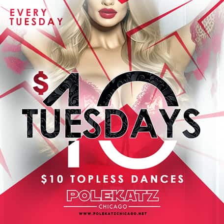 Promotional image for Tuesday topless dance night at Polekatz Chicago, featuring a woman with red li.