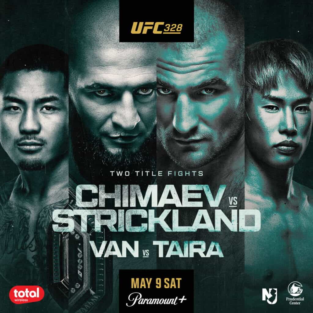UFC 328 fight poster with Chimaev, Strickland, Van, and Taira.