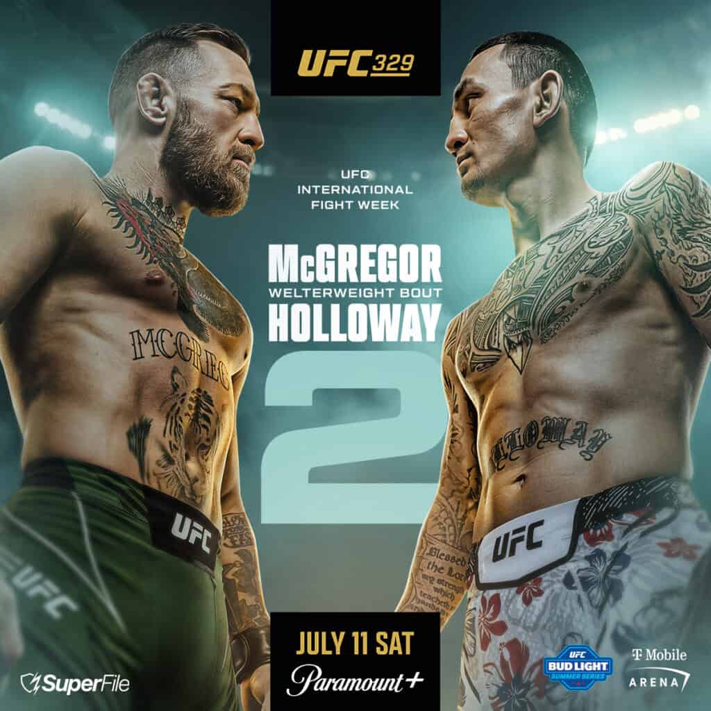 UFC 329 fight poster featuring McGregor and Holloway facing off.