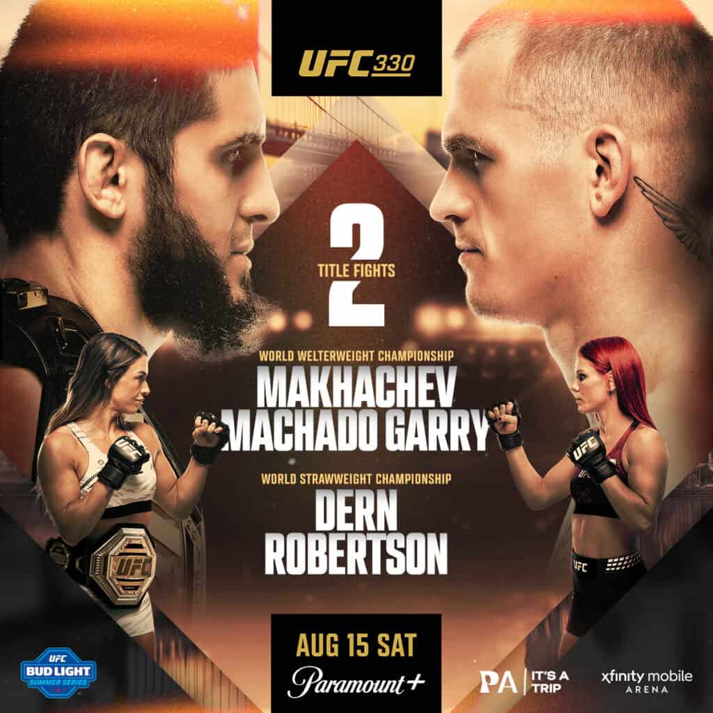 UFC 330 poster featuring Makachev and Garry facing off.