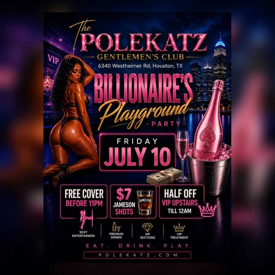 Nightclub event poster with a woman, champagne, and city skyline in Chicago.